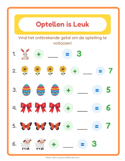 Voorbeeld van het Optellen-werkblad met Pasen voor kleuterklas