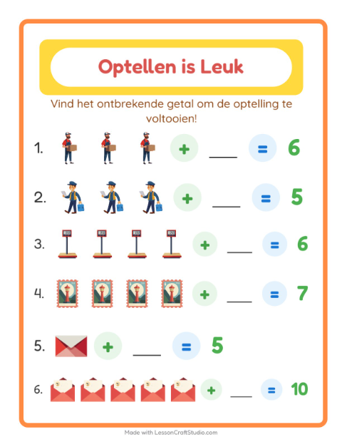 Voorbeeld van het Optellen-werkblad met Postkantoor voor kleuterklas