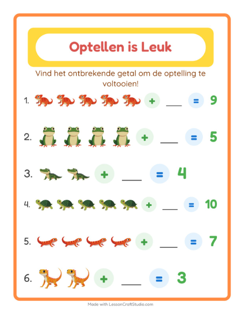Voorbeeld van het Optellen-werkblad met Reptielen en amfibieën voor kleuterklas