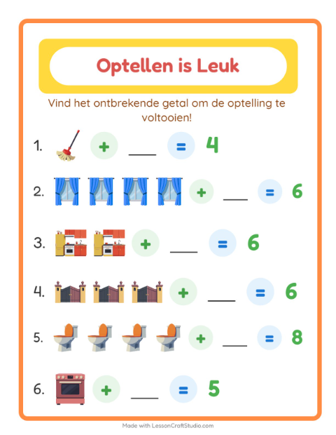 Voorbeeld van het Optellen-werkblad met Rond het huis voor kleuterklas