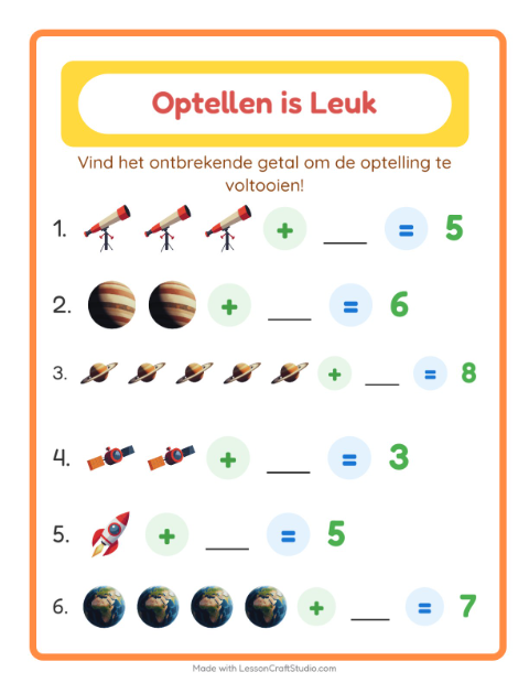 Voorbeeld van het Optellen-werkblad met Ruimte voor kleuterklas