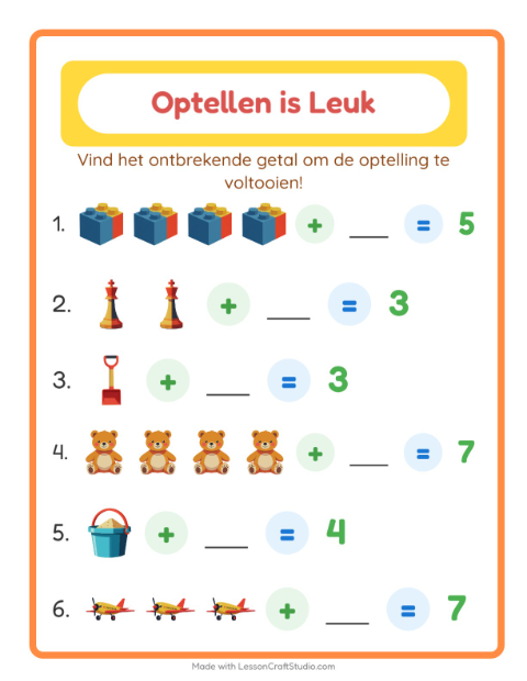 Voorbeeld van Optellen met ontbrekend getal tot 10 met speelgoedjes – werkblad voor groep 3