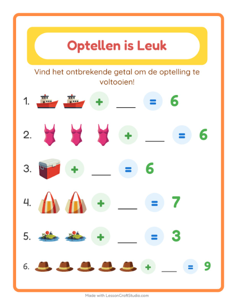Voorbeeld van het Optellen-werkblad met Strand voor kleuterklas