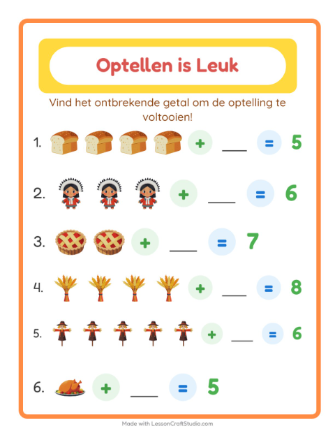 Voorbeeld van het Optellen-werkblad met Thanksgiving voor kleuterklas