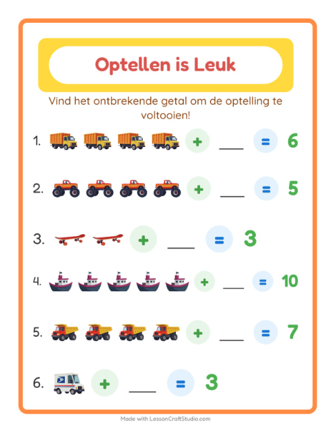 Voorbeeld van het Optellen-werkblad met Voertuigen voor kleuterklas