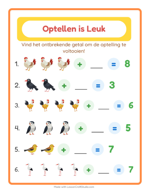 Voorbeeld van het Optellen-werkblad met Vogels 2 voor kleuterklas