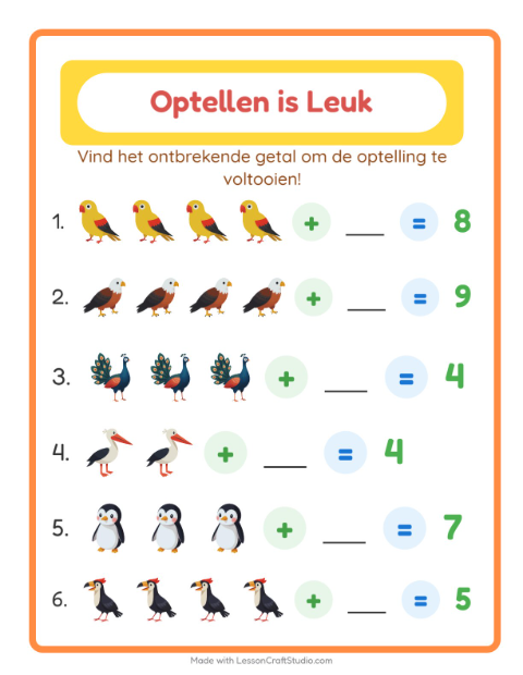 Voorbeeld van het Optellen-werkblad met Vogels voor kleuterklas
