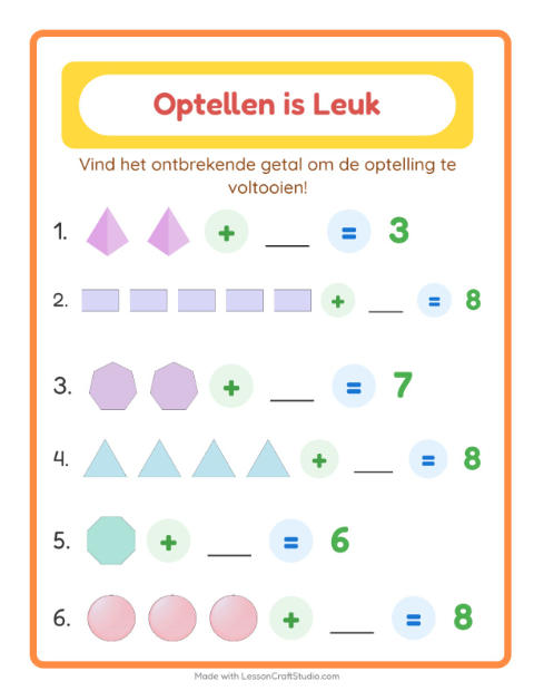 Voorbeeld van het Optellen-werkblad met Vormen voor kleuterklas
