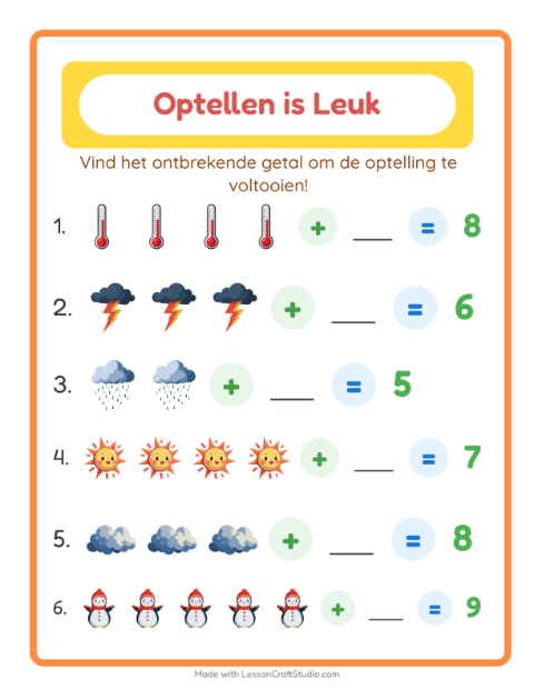 Voorbeeld van het Optellen-werkblad met Weer voor kleuterklas