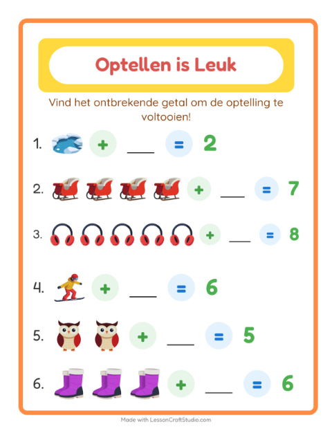 Voorbeeld van het Optellen-werkblad met Winter voor kleuterklas