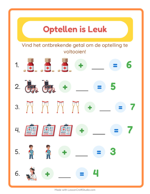 Voorbeeld van het Optellen-werkblad met Ziekenhuis voor kleuterklas