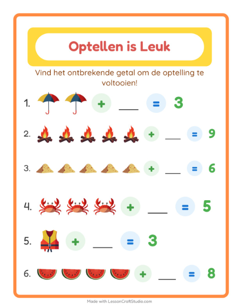 Voorbeeld van het Optellen-werkblad met Zomer voor kleuterklas
