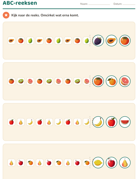 Voorbeeld van het Patronen-werkblad met Fruit voor kleuterklas