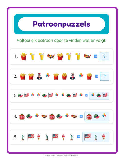 Voorbeeld van het Patroonwerkblad-werkblad met 4 juli voor groep 3