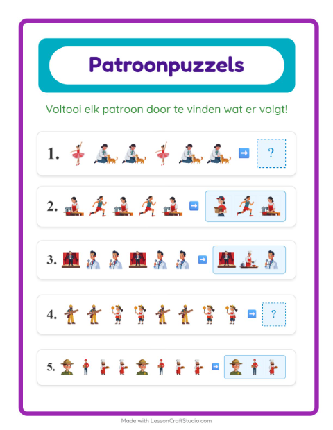 Voorbeeld van het Patroonwerkblad-werkblad met Beroepen voor groep 3