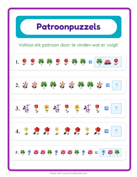 Voorbeeld van het Patroonwerkblad-werkblad met Bloemen voor groep 3