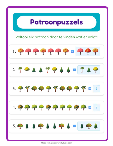 Voorbeeld van het Patroonwerkblad-werkblad met Bomen voor groep 3