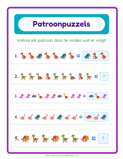 Voorbeeld van het Patroonwerkblad-werkblad met Dinosaurussen voor groep 3