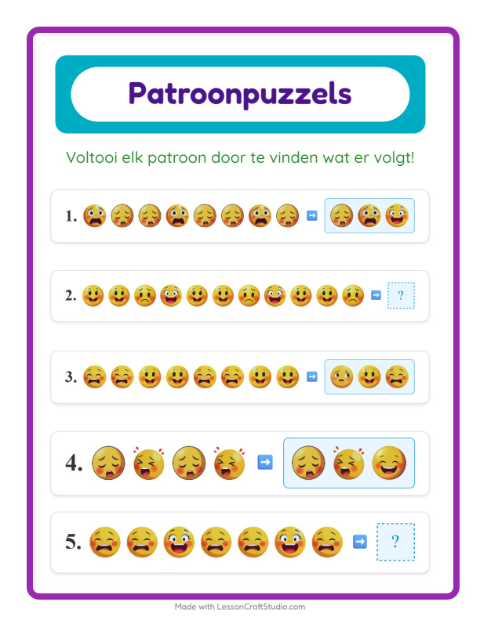 Voorbeeld van het Patroonwerkblad-werkblad met Emoties voor groep 3
