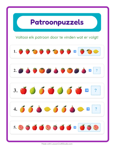 Voorbeeld van het Patroonwerkblad-werkblad met Fruit voor groep 3