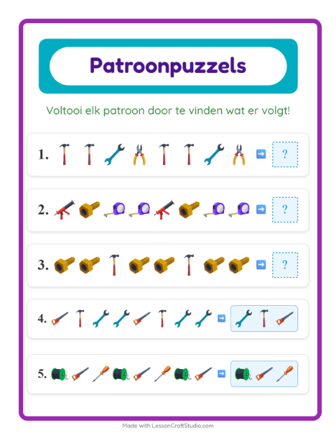 Voorbeeld van Maak het patroon af met gereedschappen – werkblad voor kleuters