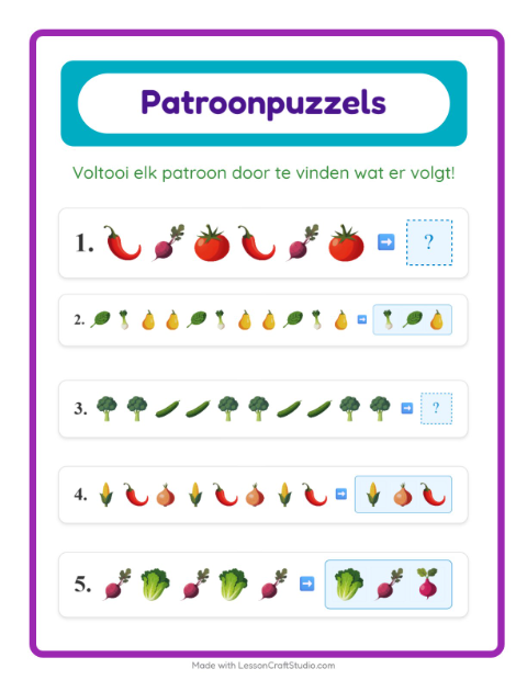 Voorbeeld van het Patroonwerkblad-werkblad met Groenten voor groep 3