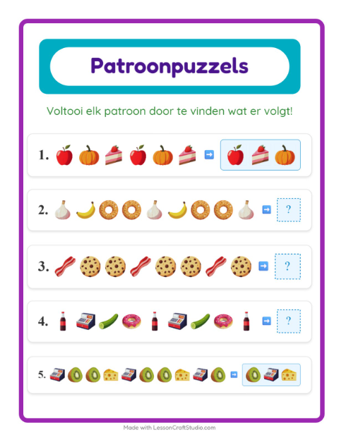 Voorbeeld van het Patroonwerkblad-werkblad met In de supermarkt voor groep 3