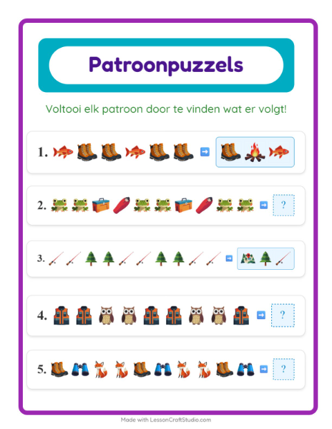 Voorbeeld van het Patroonwerkblad-werkblad met Kamperen voor groep 3