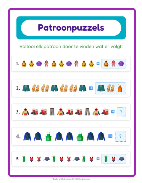 Voorbeeld van het Patroonwerkblad-werkblad met Kleding voor groep 3