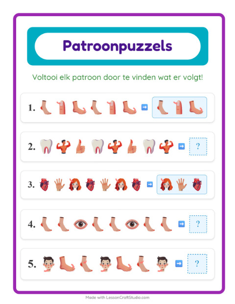 Voorbeeld van het Patroonwerkblad-werkblad met Lichaamsdelen voor groep 3