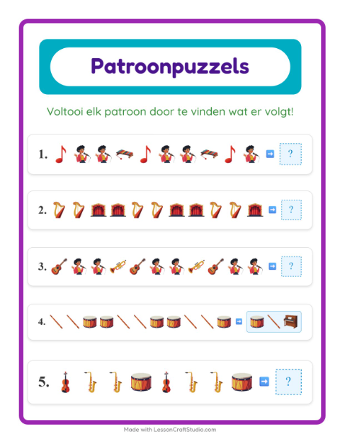 Voorbeeld van het Patroonwerkblad-werkblad met Muziek voor groep 3
