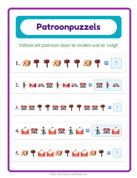 Voorbeeld van het Patroonwerkblad-werkblad met Postkantoor voor groep 3