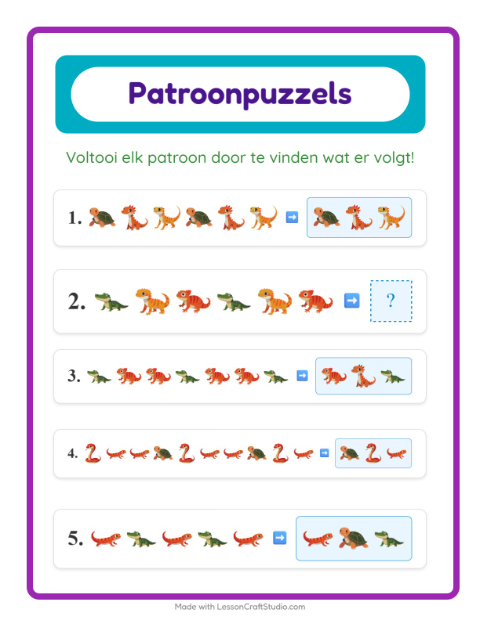 Voorbeeld van het Patroonwerkblad-werkblad met Reptielen en amfibieën voor groep 3