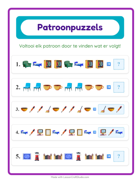 Voorbeeld van het Patroonwerkblad-werkblad met Rond het huis voor groep 3