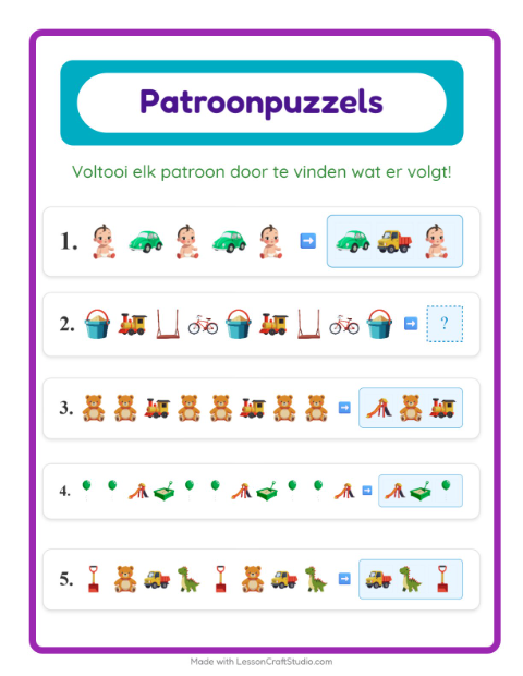 Voorbeeld van Maak het patroon af met speelgoedjes – werkblad voor kleuters