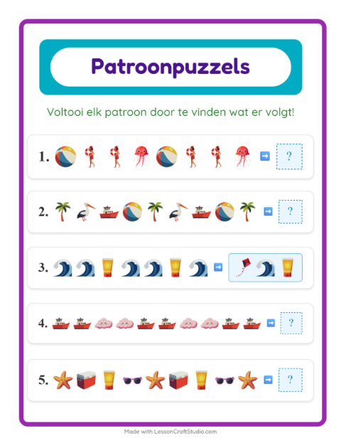 Voorbeeld van het Patroonwerkblad-werkblad met Strand voor groep 3