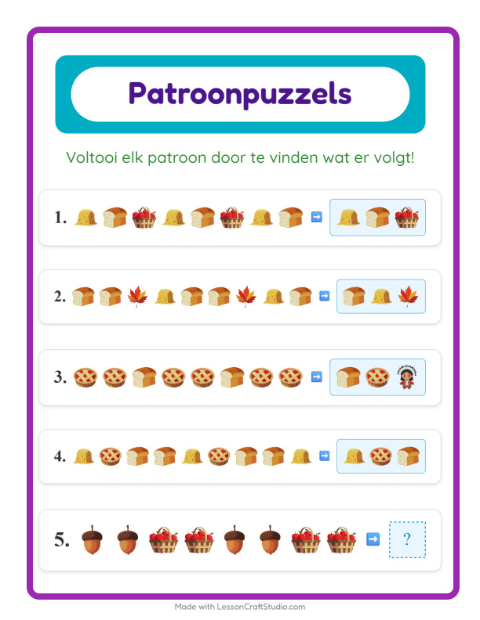 Voorbeeld van het Patroonwerkblad-werkblad met Thanksgiving voor groep 3