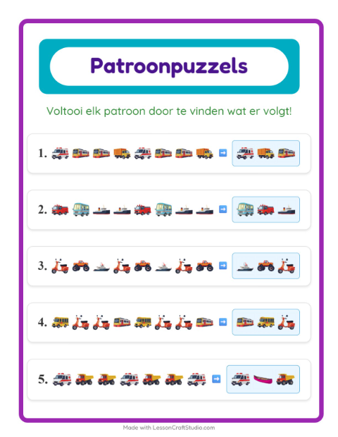 Voorbeeld van het Patroonwerkblad-werkblad met Voertuigen voor groep 3