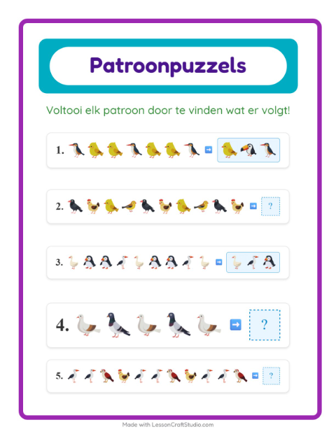 Voorbeeld van het Patroonwerkblad-werkblad met Vogels 2 voor groep 3