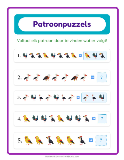 Voorbeeld van het Patroonwerkblad-werkblad met Vogels voor groep 3