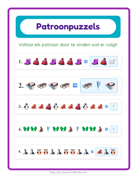 Voorbeeld van het Patroonwerkblad-werkblad met Winter voor groep 3