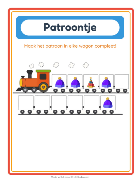 Voorbeeld van het Patroontrein-werkblad met Accessoires voor kleuterklas