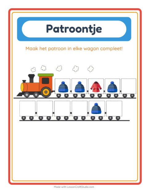 Voorbeeld van het Patroontrein-werkblad met Kleding voor kleuterklas