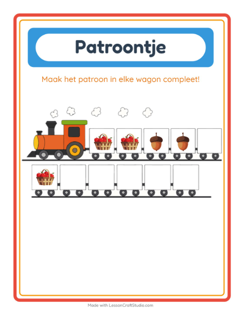 Voorbeeld van het Patroontrein-werkblad met Thanksgiving voor kleuterklas