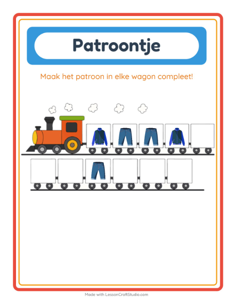 Voorbeeld van het Patroontrein-werkblad met Kleding voor kleuterklas