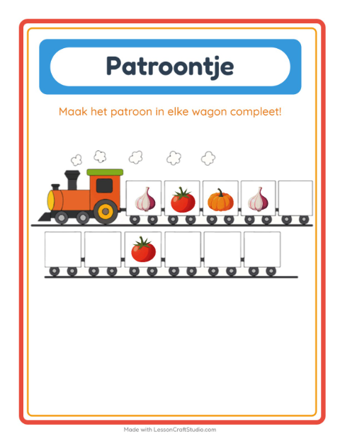 Voorbeeld van het Patroontrein-werkblad met Groenten voor kleuterklas