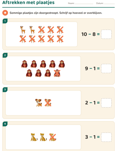 Voorbeeld van het Plaatjes rekenen-werkblad met Dieren voor groep 3