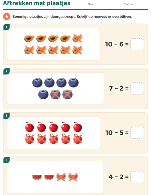 Voorbeeld van het Plaatjes rekenen-werkblad met Fruit voor groep 3