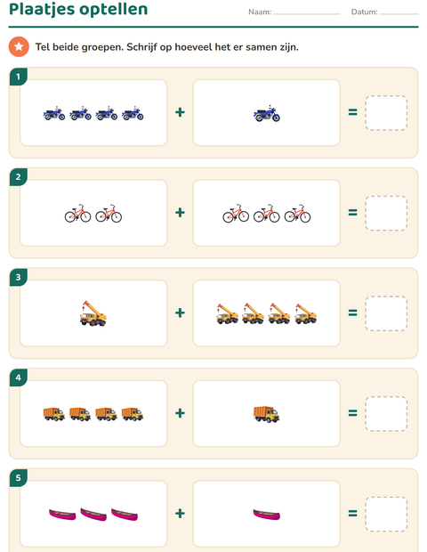 Voorbeeld van het Plaatjes rekenen-werkblad met Voertuigen voor groep 3