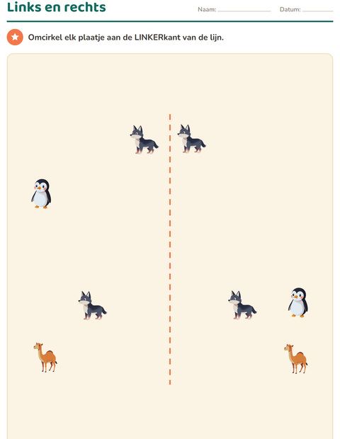 Voorbeeld van het Positiewoorden-werkblad met Dieren voor kleuterklas